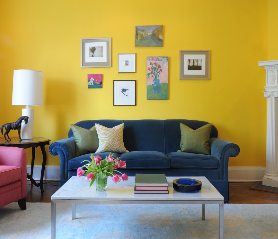appealing-bright-yellow-living-room-colours-ideas-also-blue-sofa-and-accent-pink-armchair-plus-white-rectangle-coffee-table-as-well-as-contemporary-desk-lamp-round-end-table-945x813